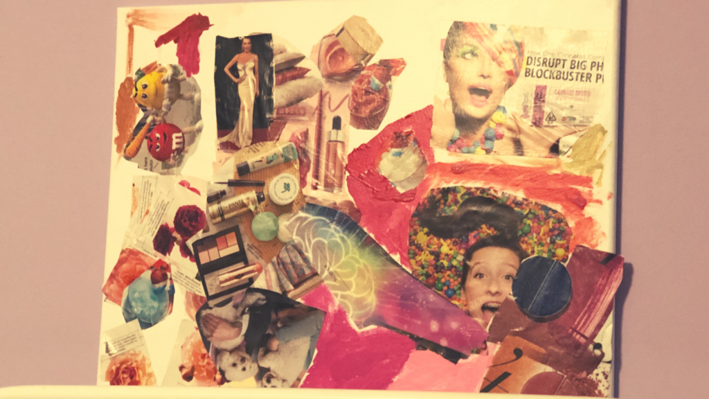 Image of Maddy's happiest memories from 2019. A collage of magazine clippings and paint that make up her Happy Board. 